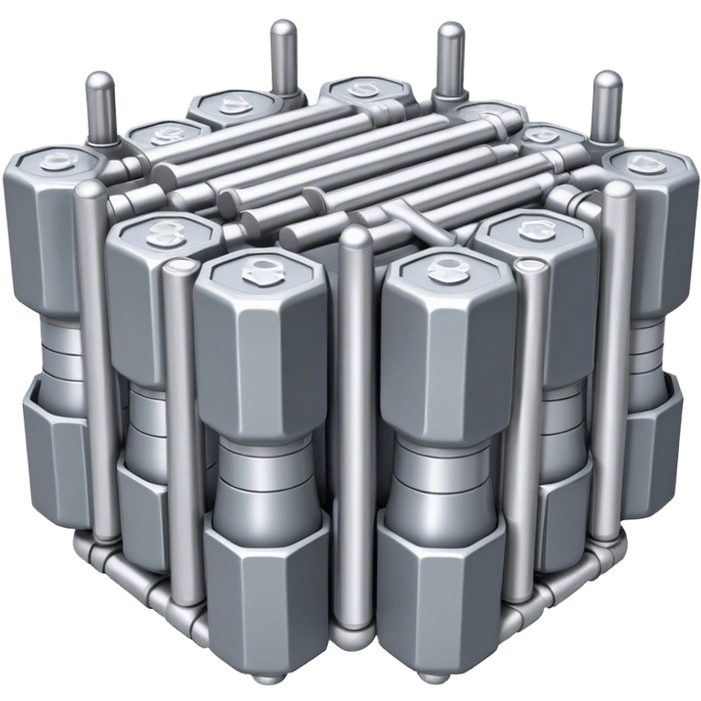 A bundle of uranium fuel rods used in a nuclear reactor, with a metallic structure and cylindrical rods, arranged in a hexagonal grid, futuristic and industrial style emoji