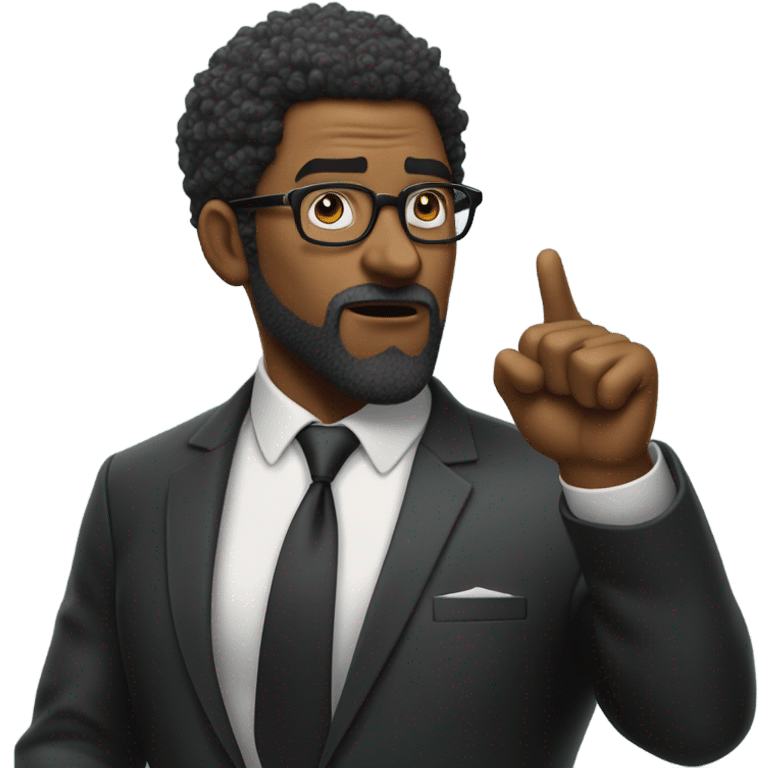 Muscular Black politician with afro and goatee busting out his suit with glasses giving oration with right index finger in the air and a stern countenance. emoji