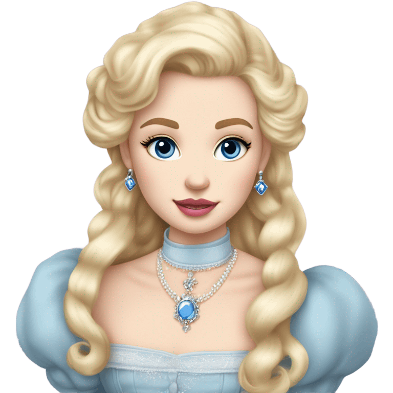 girl with blonde hair pale skin blue eyes. Pink lips blush Smokey eye (but not too much). Vintage blowout with long hair not too curly but still.  princess dress, puffed sleeves and the choker necklace (think Versailles but not too much). emoji