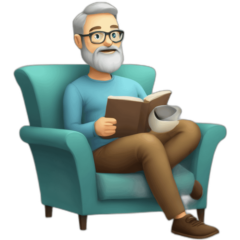 Bearded 50 years old man, glasses, perspective armchair, Reading at home, drinking a coffee, relax emoji