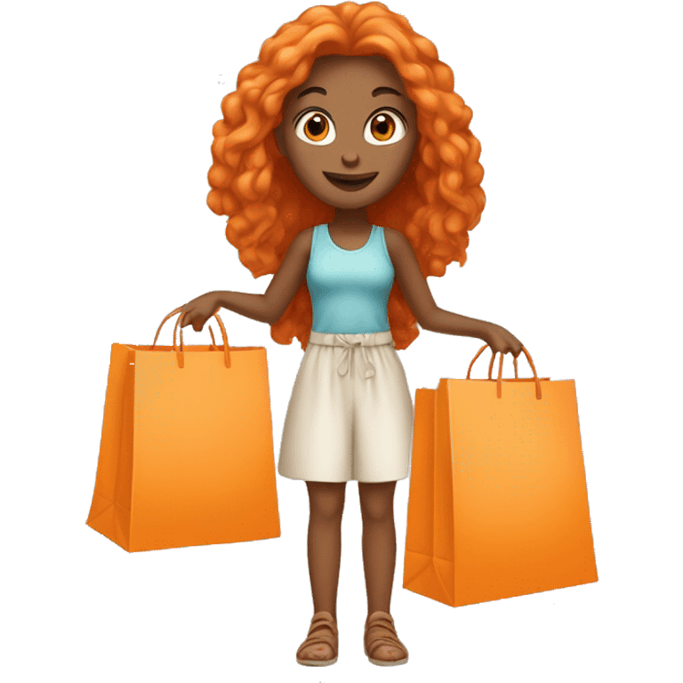 Tan girl with long orange hair wearing cute outfit holding shopping bags emoji