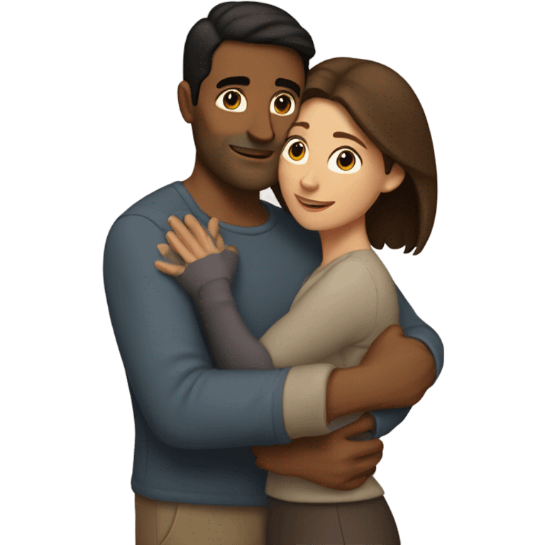 Brown man brunette woman hug emoji