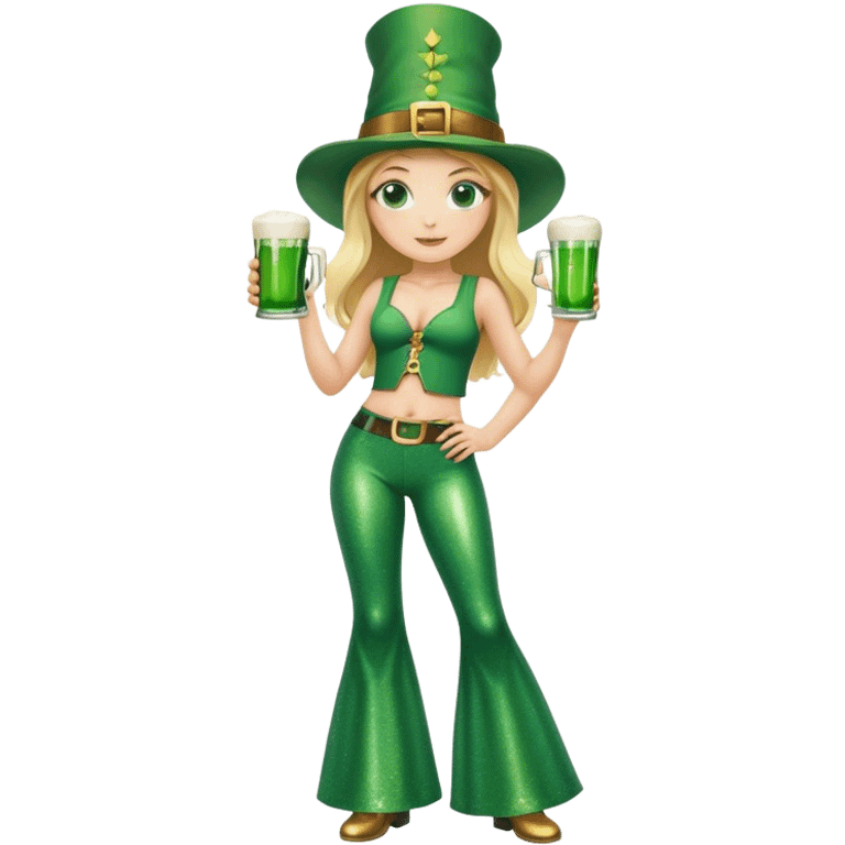 Blonde haired girl in glittery green bell bottoms and tall leprechaun hat holding a green beer emoji