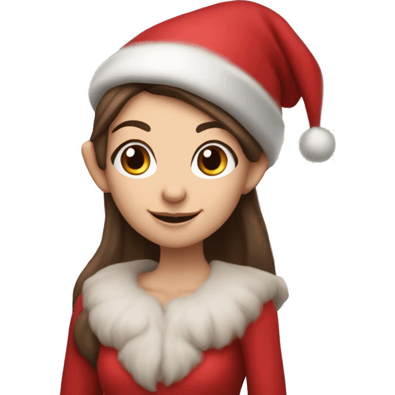 Brunette pale girl elf with red clothes and rosy cheeks With Santa hat emoji