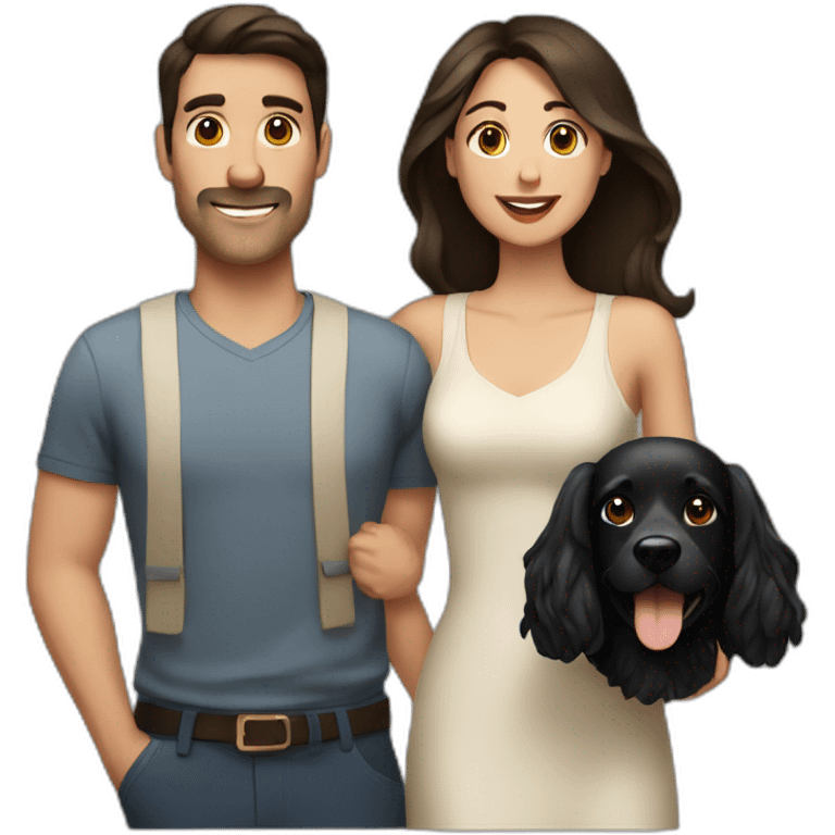 brunette man with a brunette woman with a black medium dog emoji