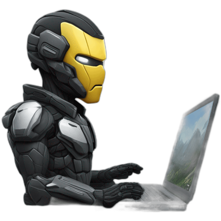 Side view developer behind his laptop with this style : Crytek Crysis Video game with nanosuit hacker themed character emoji