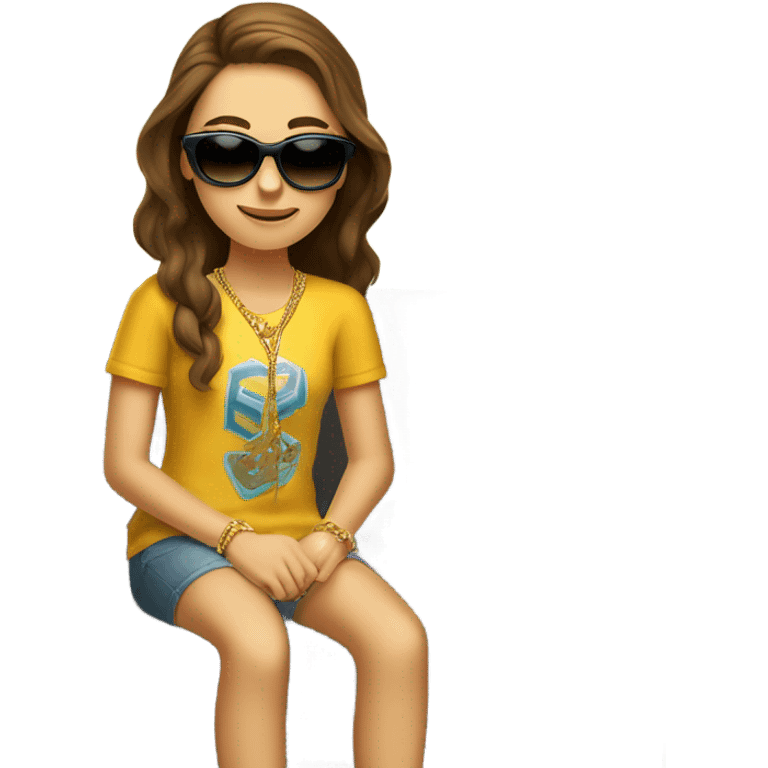 Funny Teen Caucasian girl sitting on couch with brown hair sunglasses and gold necklace  emoji