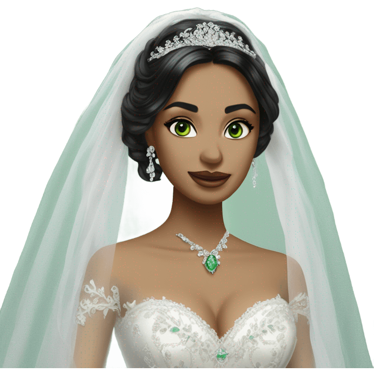 Hyper Realistic ornate ballgown long sleeve Wedding dress with diamanté on Russian bride with green eyes and long black hair with veil hyper realistic  emoji