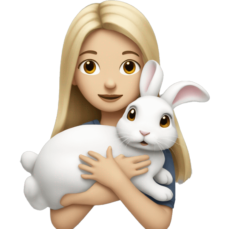 Dark blonde hair girl hugging a white rabbit emoji