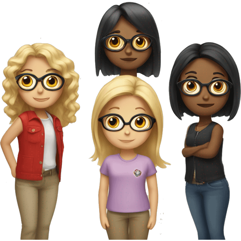 Three Girls, one with blonde Long hair, one with Black Short hair, one with red middle Long hair and glasses  emoji