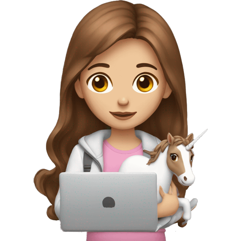 Brown hair girl holding a unicorn and a laptop emoji