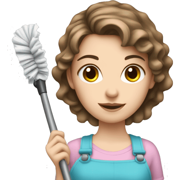 white girl with short brown hair and blue eyes cleaning emoji