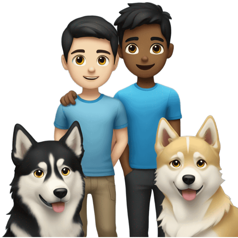 Black hair boy, blond hair boy and a one golden Husky with blue eyes famille emoji