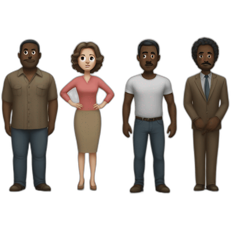 (six dark-skinned men) stand behind a pale woman emoji