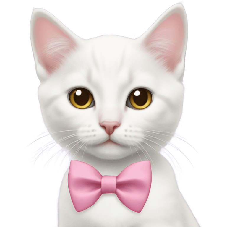 A white kitten wearing a pink bow tie emoji