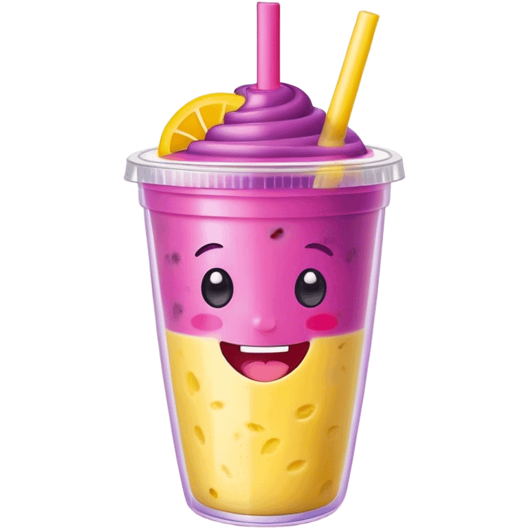 Cute Kawaii Smoothie Cup, filled with blended fruity goodness, a smiling face with excited eyes, bright colorful layers of pink, yellow, and purple, topped with a straw and tiny fruit slices! emoji