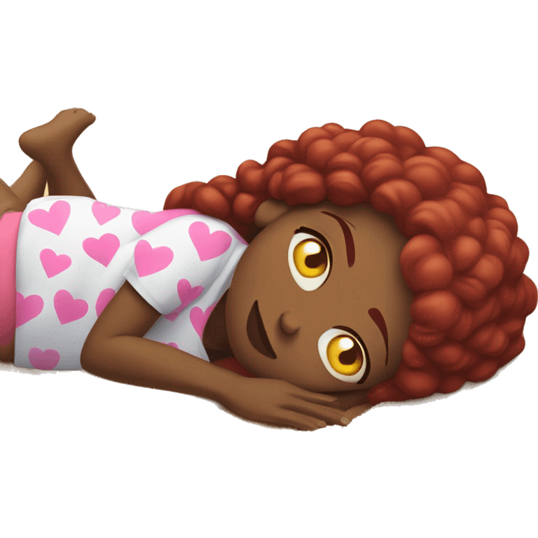 A black woman laying on her back on the beach, looking sick, red hair plats, butter flies around, pink hearts emoji