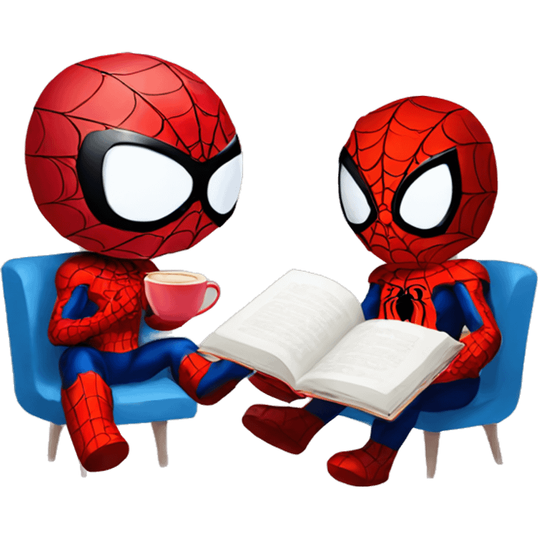 hello kitty and spiderman reading books together with coffee emoji