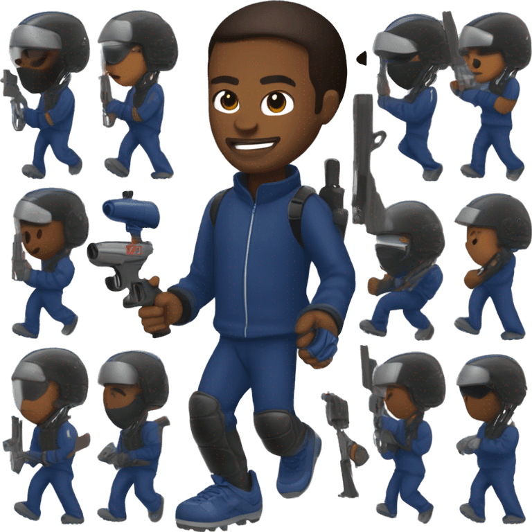 Brown skin paintball player wearing a dark blue long sleeve jersey, black pants, white shoes and running with a paintball gun in hand emoji