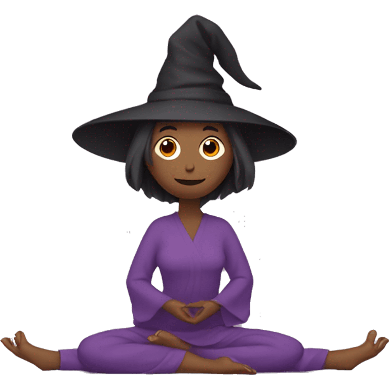 Witch in a hat and robes doing yoga on a mat emoji