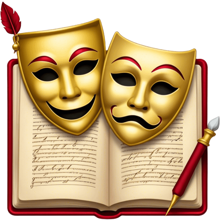 Create a bold and dramatic emoji representing the art of playwriting. The design should feature an open script or a theater playbook, with stylized text inside. Include elements like a theatrical comedy and tragedy masks, a stage spotlight, or a writting quill to symbolize creativity and performance. Use deep, contrasting colors like red, black, and gold to evoke the intensity and passion of drama. The overall design should feel dramatic, inspiring, and artistic. Make the background transparent. emoji