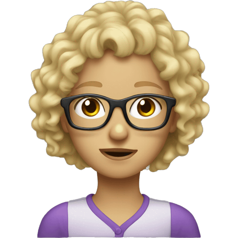 Blond curly haired girl with glasses sweating emoji