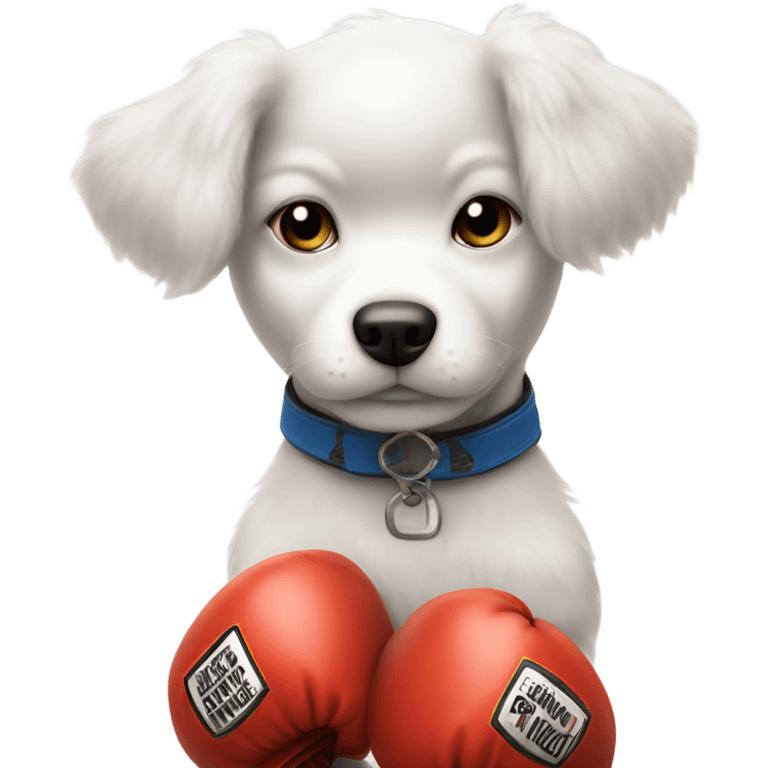 White puppy wearing boxing gloves with an Afro emoji