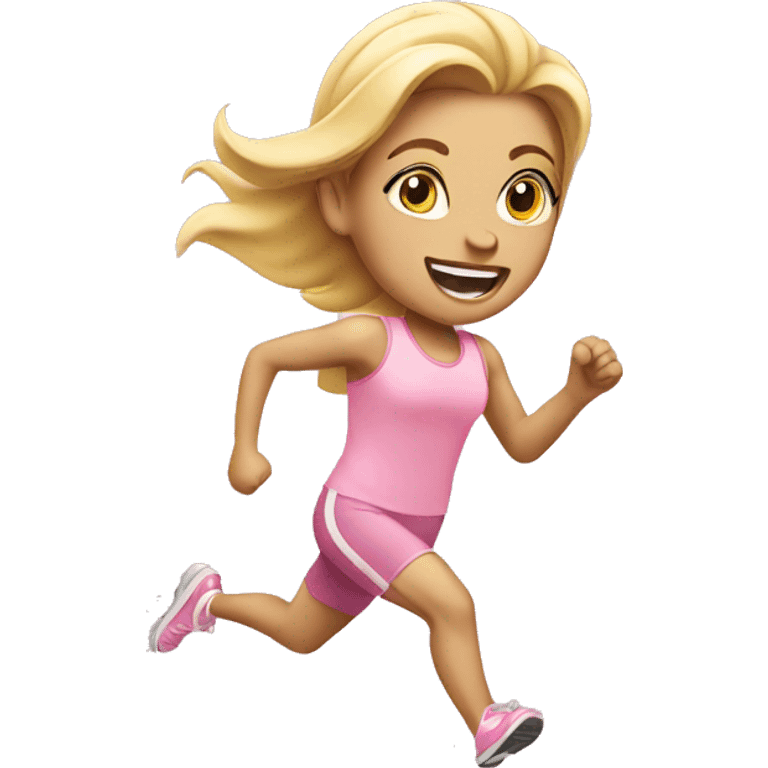 blonde girl running wearing pastel pink emoji