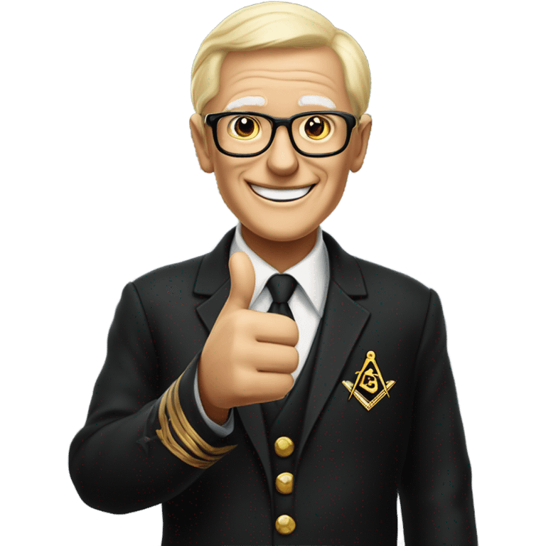 A modern blond retired senior, wearing glasses, English Freemason in a black lounge suit, giving a thumbs up , and smiling. He is wearing a Masonic jewel and medal.  emoji