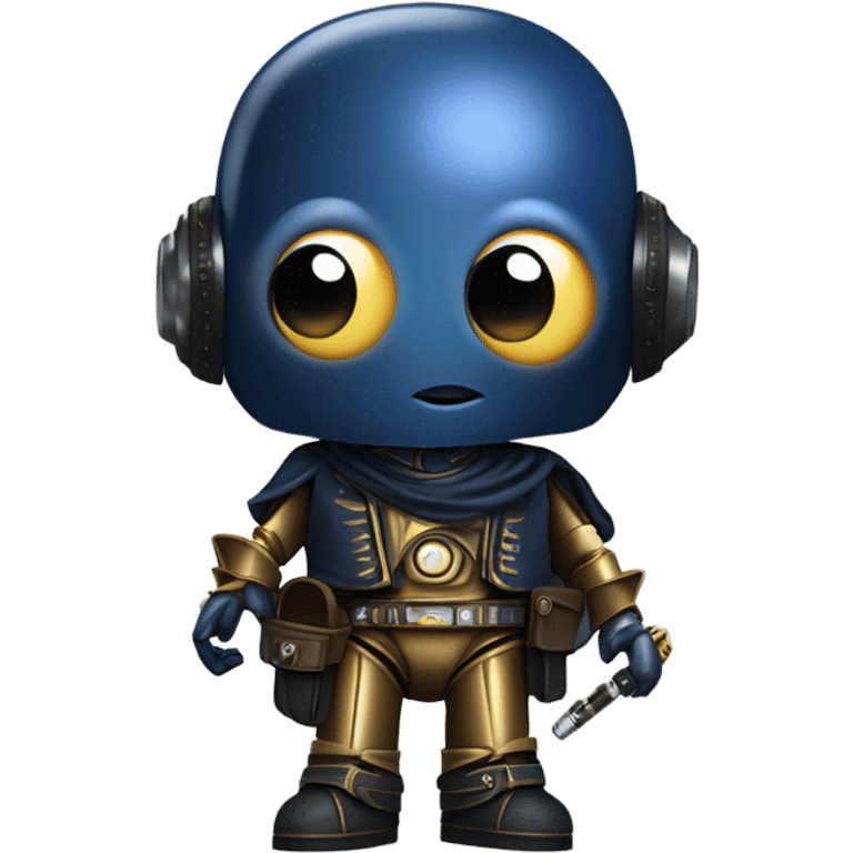 darkblue-pearl friendly smiling bounty hunter c3po droid wearing leather wild west duster, backpack, saddlebags and light saber ready to fight at ease. steampunk emoji