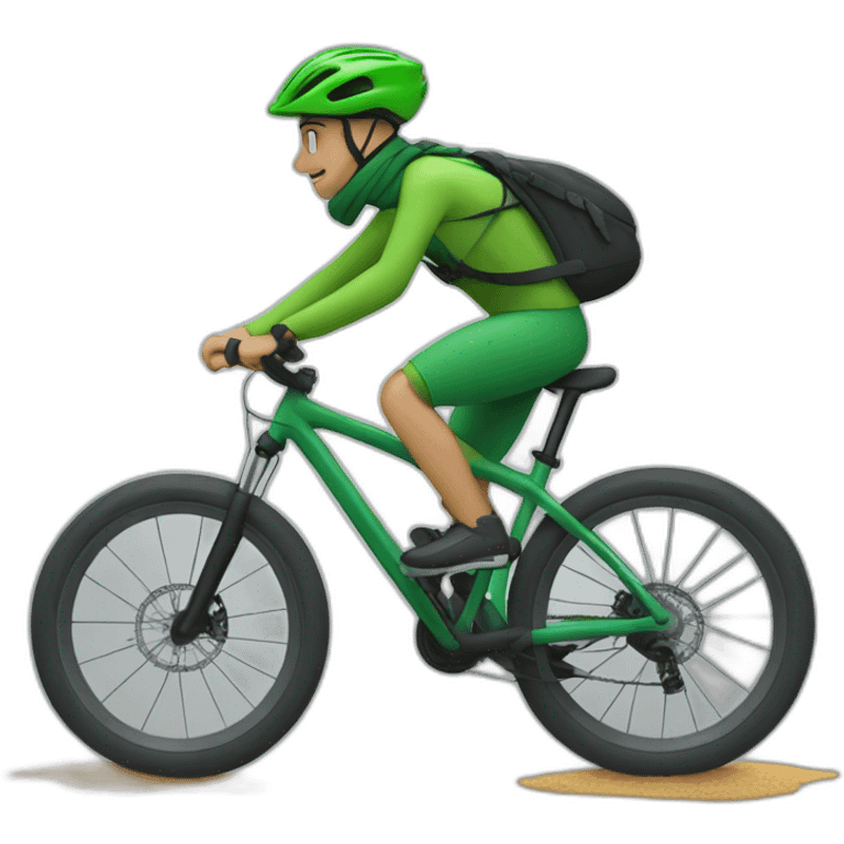 mountain biker, with a green bicycle, with a scarf, hat and dark clothing, traveling at high speed emoji