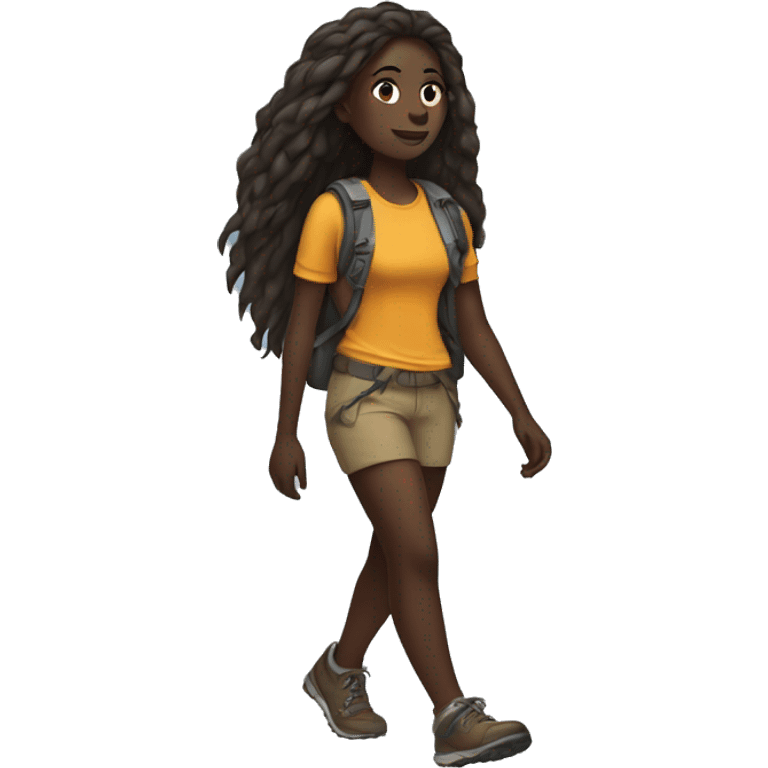 Dark skinned girl hiking full body long hair emoji