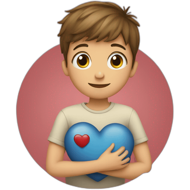 young boy hugging a heart emoji