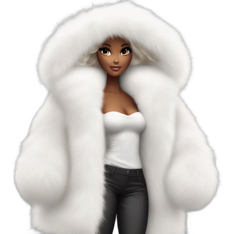 Barbie in an extremely big fluffy oversized white fur coat with hood on. The fur is real and it’s very obvious big and fluffy like in Pinterest  emoji