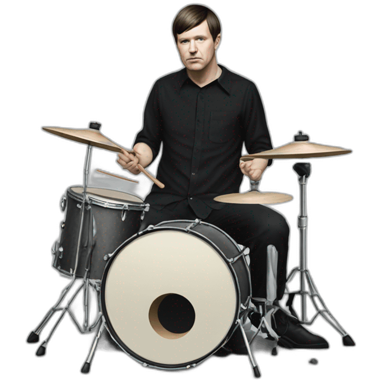 photo realistic Stephen Morris from Joy Division, playing drums, full body front view emoji