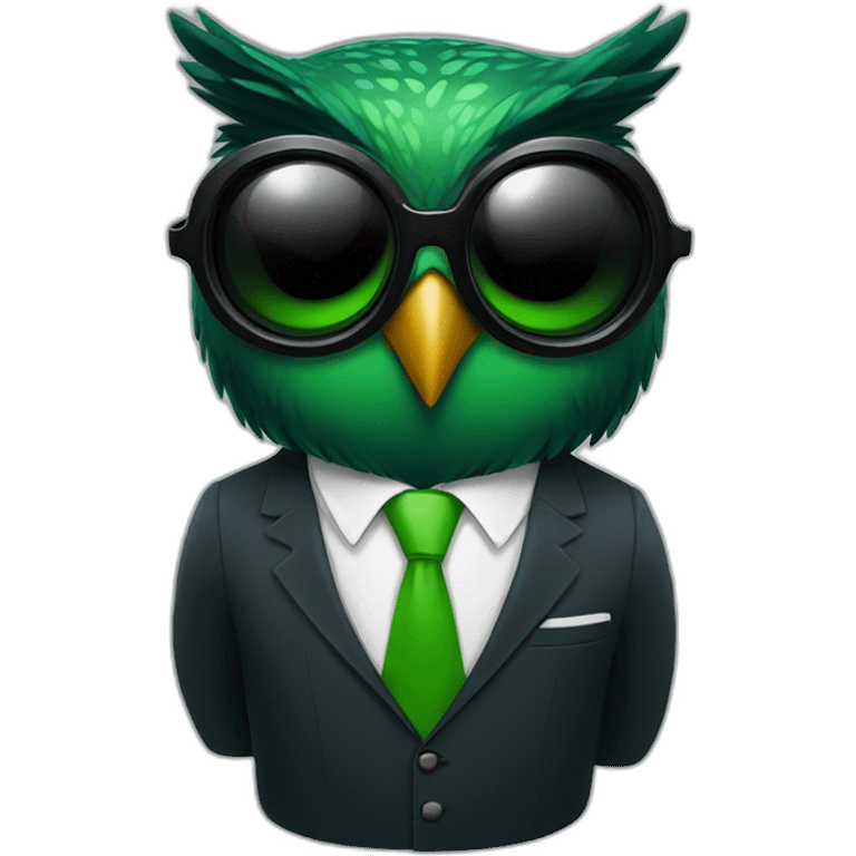 black and green owl in a suit with cool sunglasses emoji