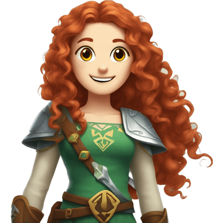 a white girl with long red curly hair and freckles, cosplaying Zelda posing and smiling emoji