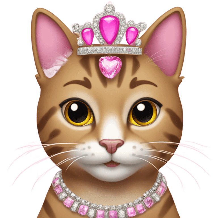 Tabby cat, big lashes, a pink tiara, glittery pink claws, glittery jewelry and earrings emoji