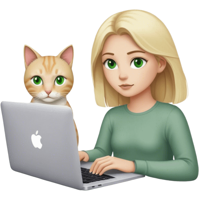 Blonde girl green eyes with apple MacBook and a cat emoji