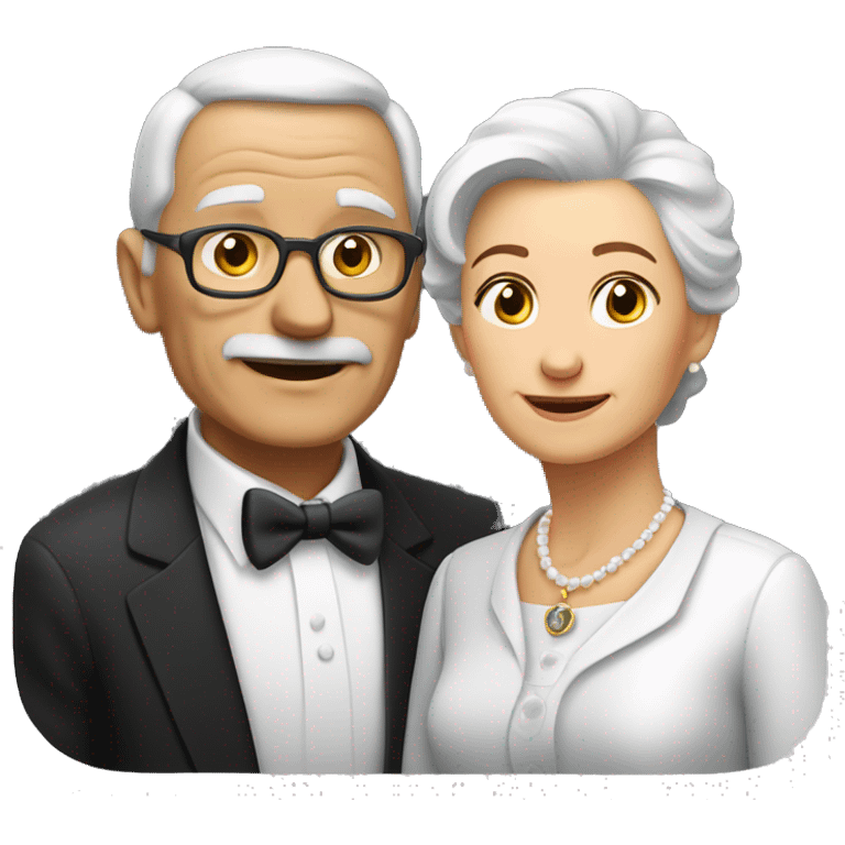 AN ELDERLY COUPLE, dressed formal, wearing black name tags on the left side of the chest emoji