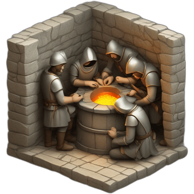 inside of a medieval mint showing different people working creating coins with a furnace emoji