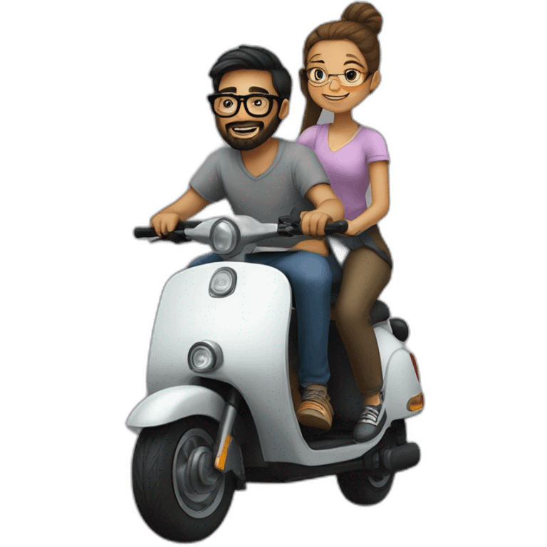 boy with long hair tied in a bun, beard, and glasses, riding a black scooter with a girl on the back emoji