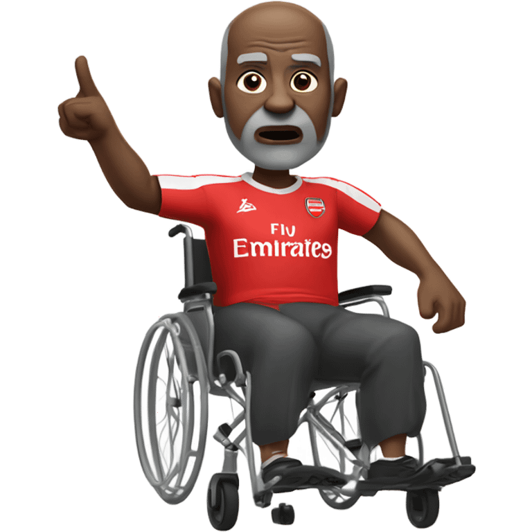 old black bald man with a round belly in wheelchair. angry face. grey stubble. he is pointing finger in front. wearing Arsenal soccer shirt emoji