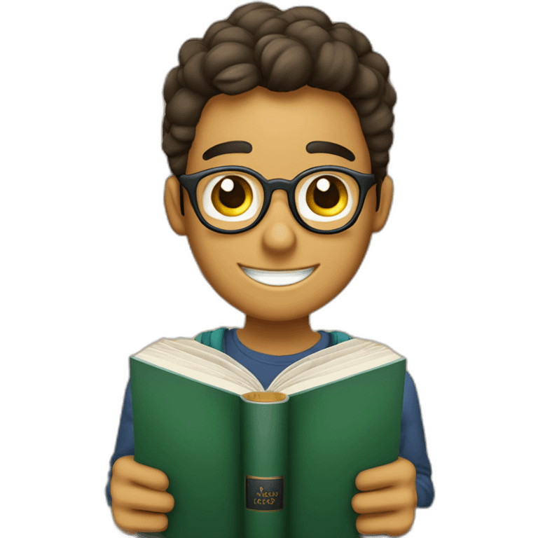 joven estudiante de piel blanca con todos sus libros y su mascota, llamada jack riendo y muy feliz emoji