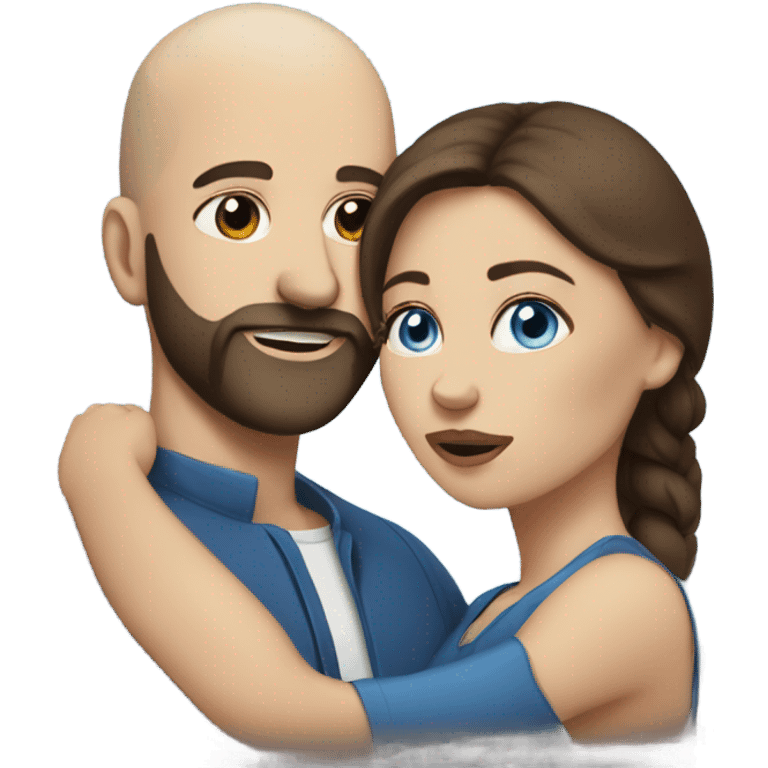 dark brown haired woman with blue eyes kissing bald man with beard emoji