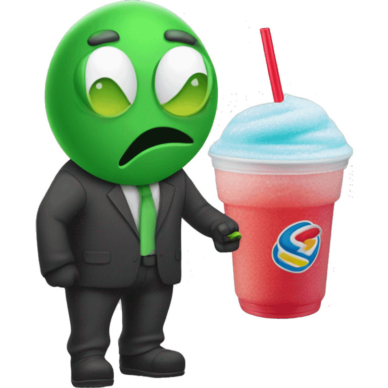 GORB a green faced fella in a morph suit wearing regular cool guy clothes and drinking a slurpee emoji