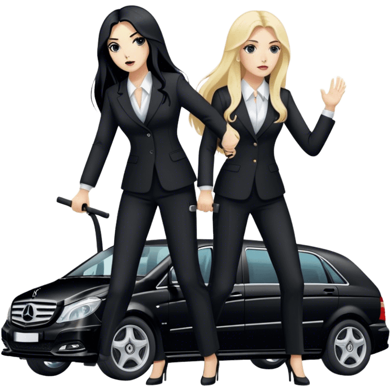 Two woman in black pants suits. They have long hair. One has black hair and one is blond. They are punching a stretcher with a coffin on into a black Mercedes Vito emoji