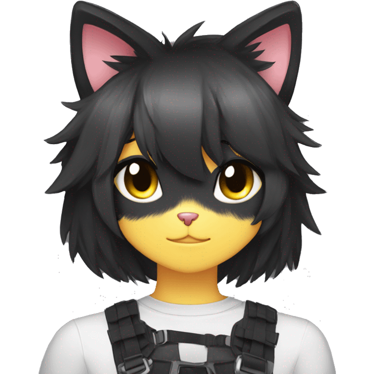 Anthro Cool Black Cat-Fursona-Fakemon with Emo Hair-bangs with Chest Harness emoji