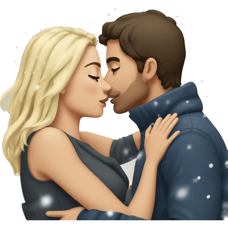 Man with dark brown hair and woman with straight blond haur kissing in the snow emoji