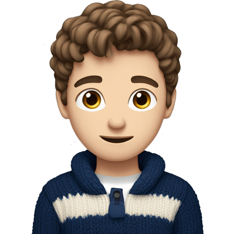 Teenage boy, wear a navy blue knitted sweared, blue eyes, brown hair emoji